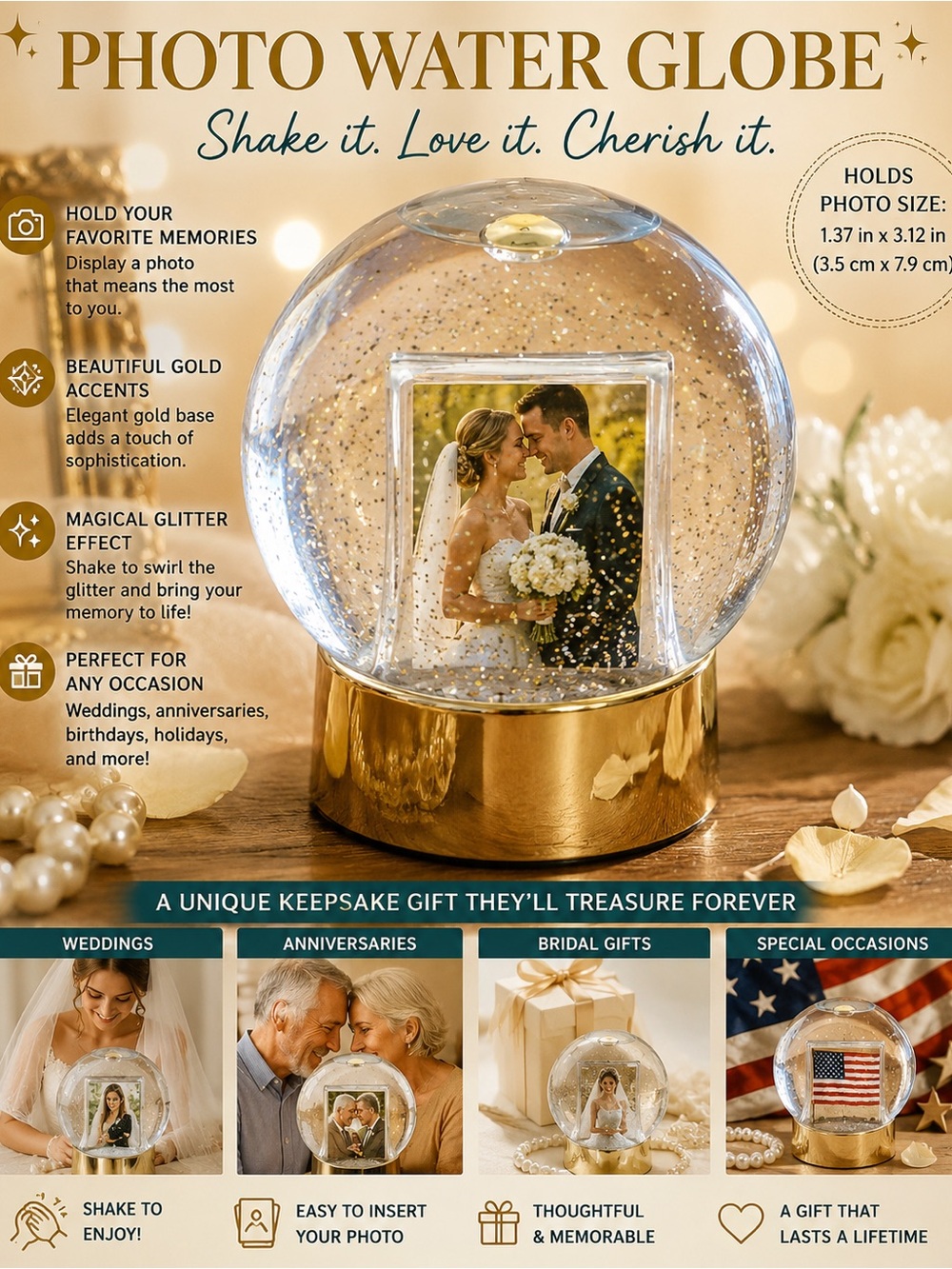 Photo Water Globe with Gold Base - Personalized Keepsake